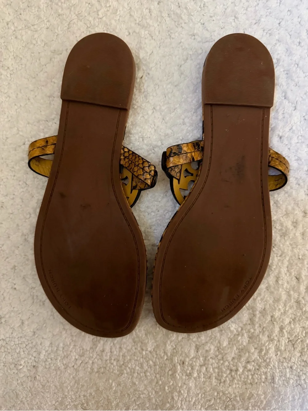 Tory Burch Snake-Stamped Miller Sandals in Tan and Black